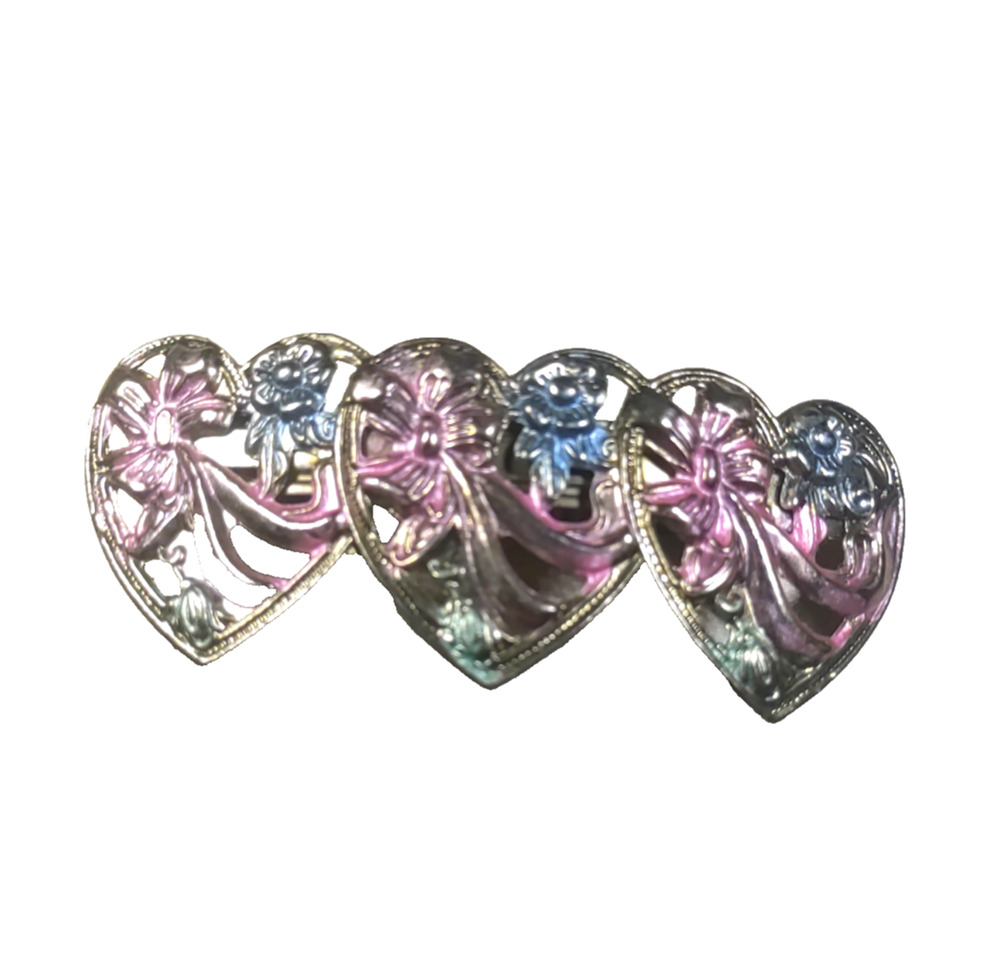 Heart Hair Barrette Flowers Bows Thin Metal Love Romance Gold Tone Pink Blue